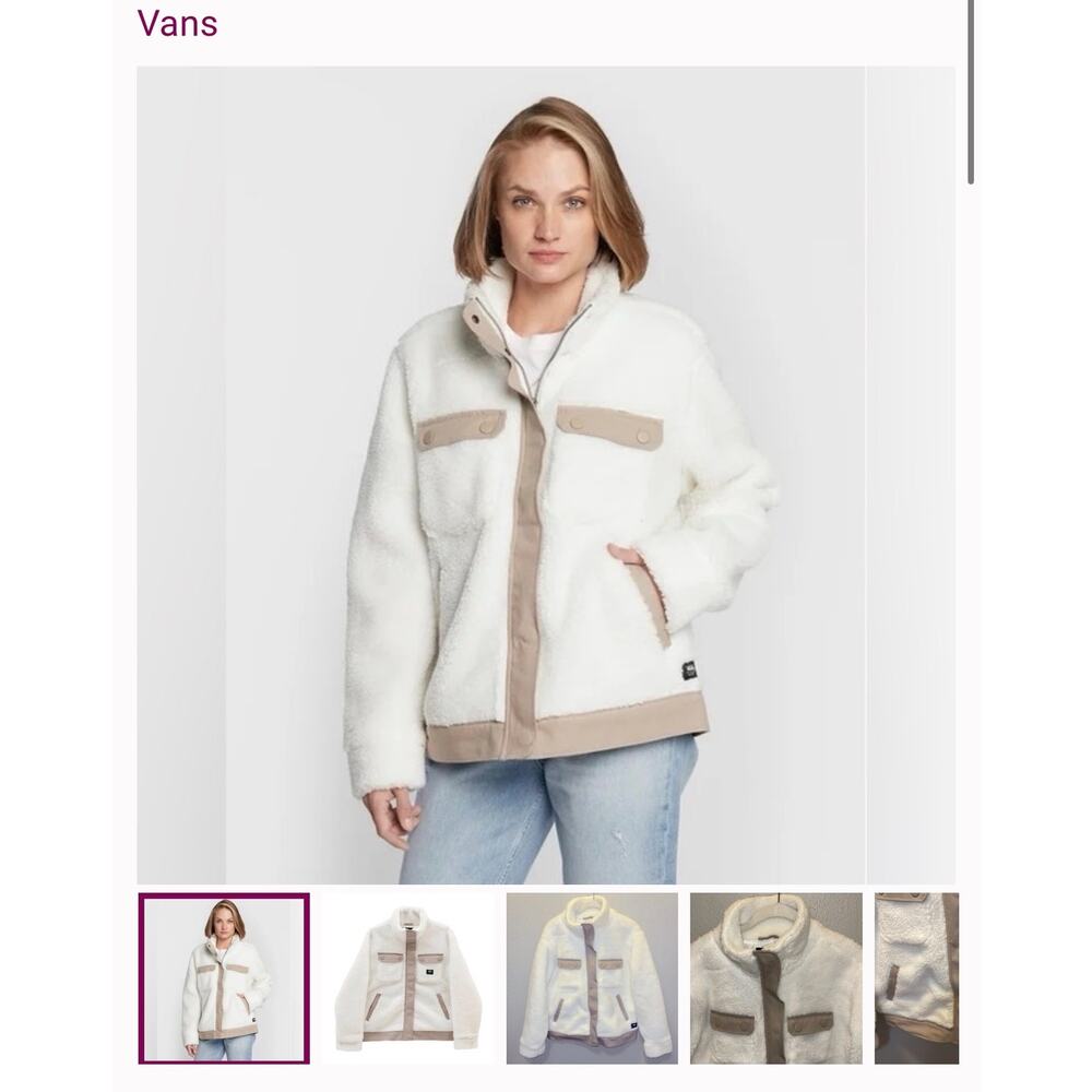 Vans White Tan Sherpa Winter Jacket Coat Women’s Size Small Warm cozy boho